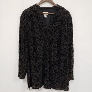 Talbots Womens Artsy Velvet Burnout Button Up Top Size 24W Black Career Office